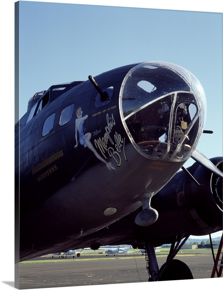 Photograph of the front end of the Memphis Belle aircraft.