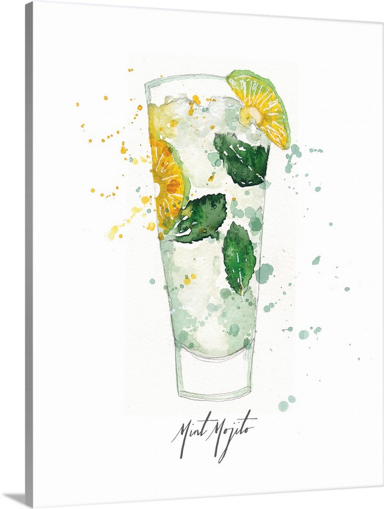 Decorative cocktail watercolor painting of a mint mojito on a white background.