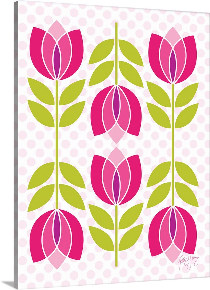 Retro pink and purple tulips on a pink and white polka dot background.