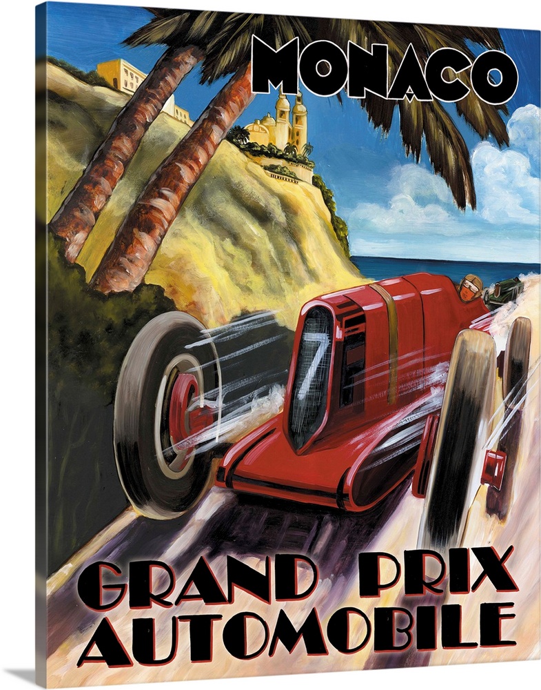 Painted sign reading "Monaco Grand Prix Automobile" with a red vintage race car racing up a path with the ocean in the bac...