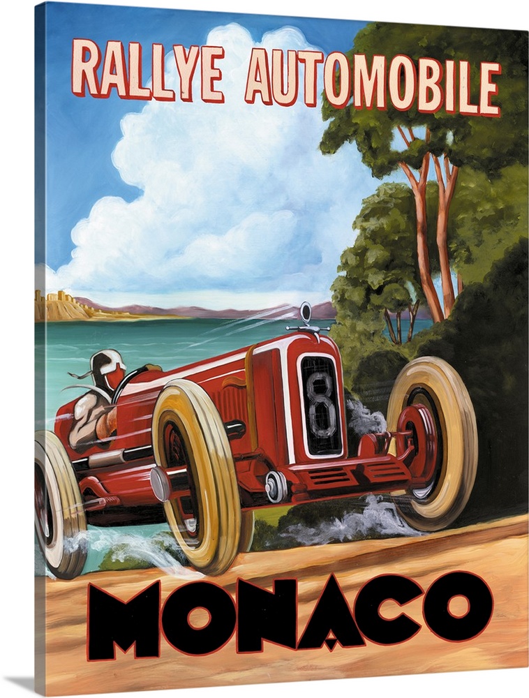 Painted sign reading " Rallye Automobile Monaco" with a red vintage race car driving fast up a dirt path with the ocean in...