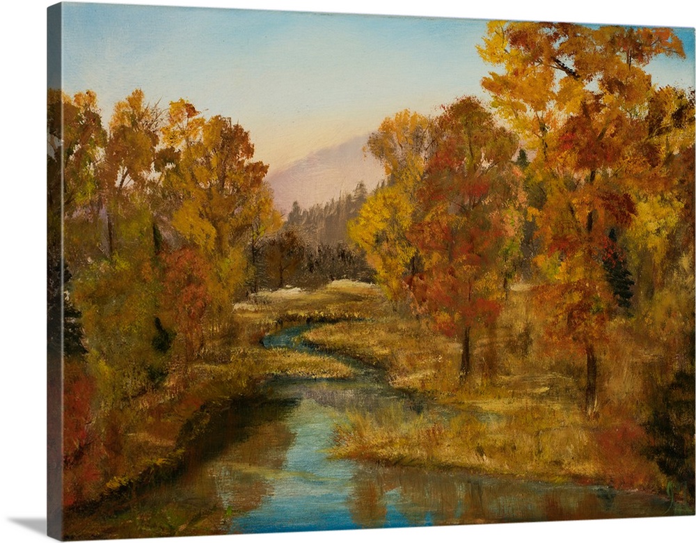 Contemporary landscape painting of a winding stream flowing through Autumn trees in the mountains.