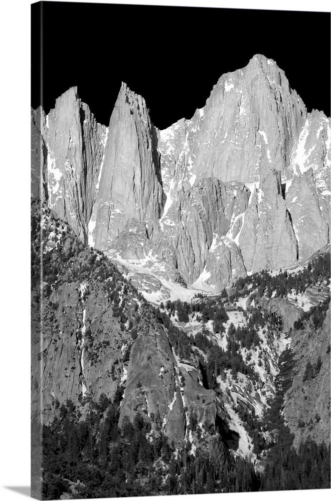 Black and white landscape photograph of Mount Whitney highlighting its rocky textures.
