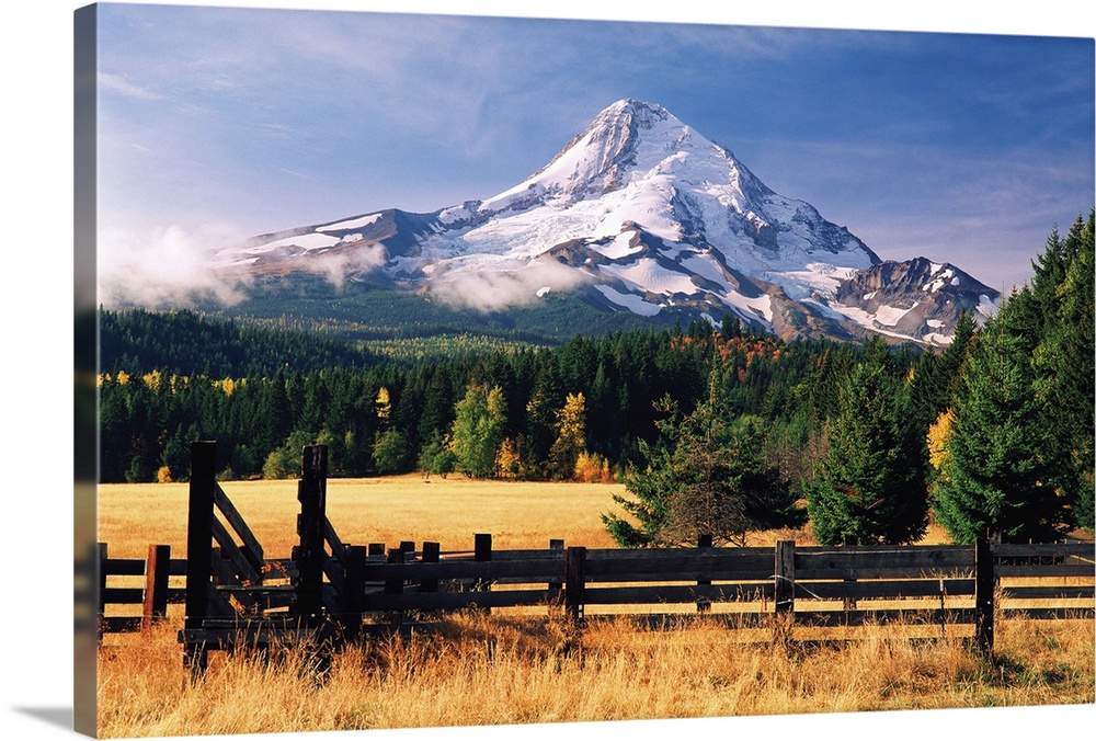 View of Mount Hood, Oregon, from a rural farm.