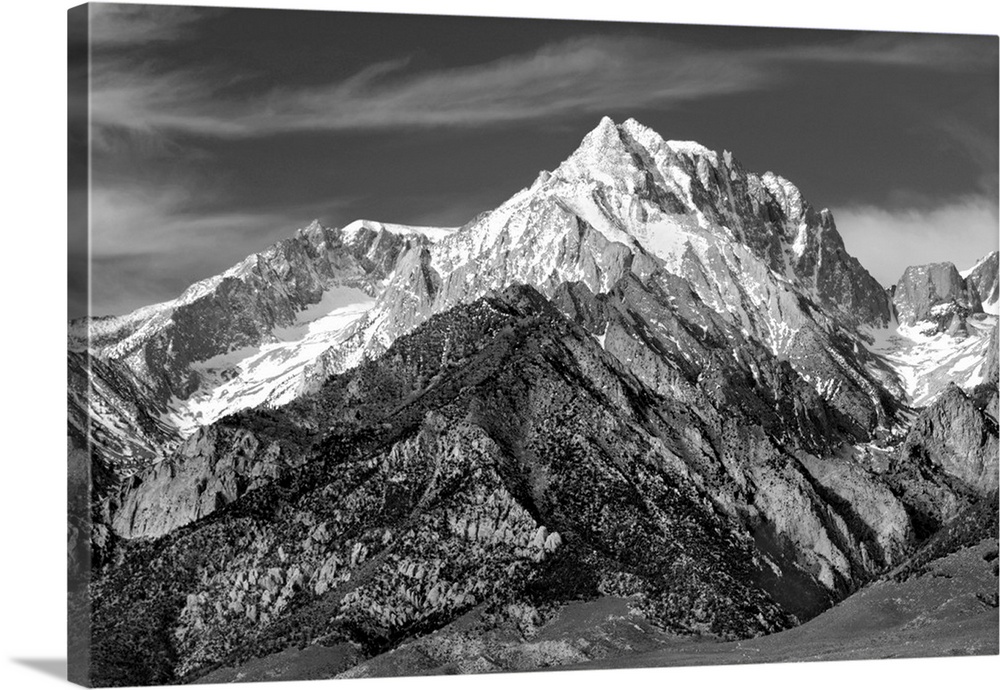 Black and white photograph of Mount Williamson with snowy peaks.
