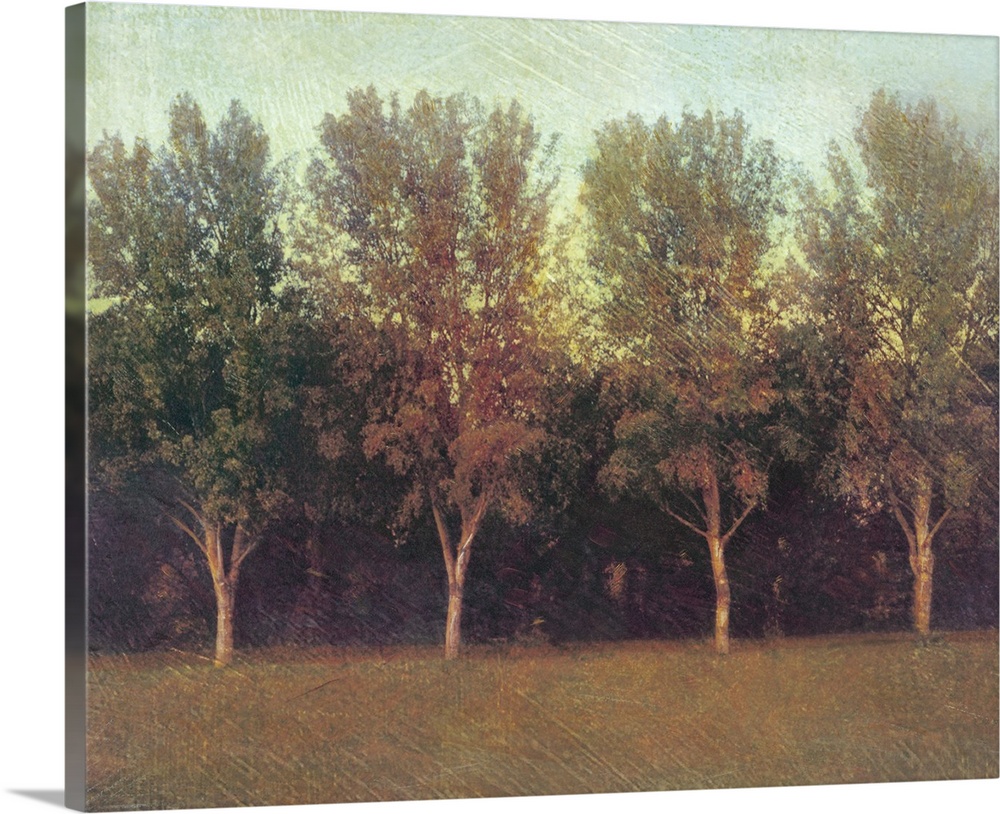 Big painting on canvas of trees in a row with a forest behind them.