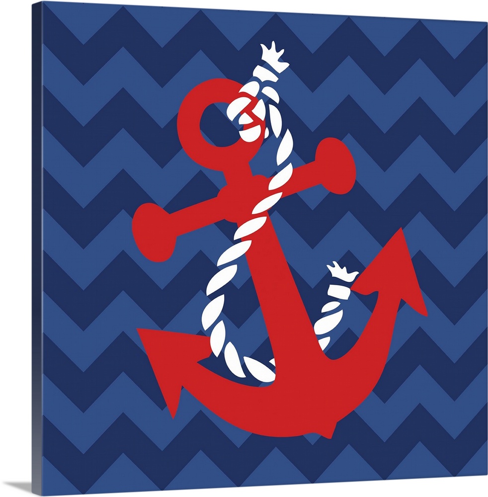 Square nautical art with an illustration of a red anchor and white rope on a blue zig-zag patterned background.