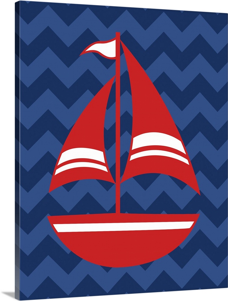 Square nautical art with an illustration of a red and white sailboat on a blue zig-zag patterned background.