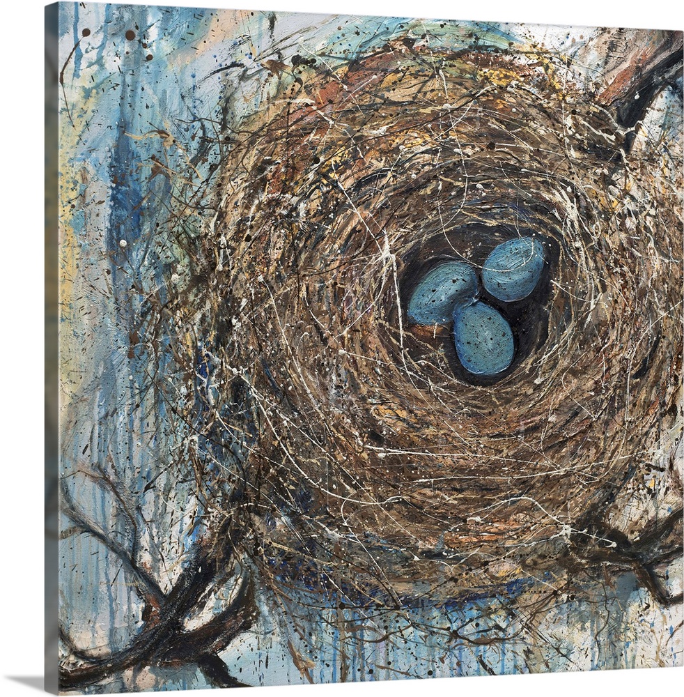 Square painting of a bird's nest with three blue eggs inside on a blue, yellow, and white background with paint drips.