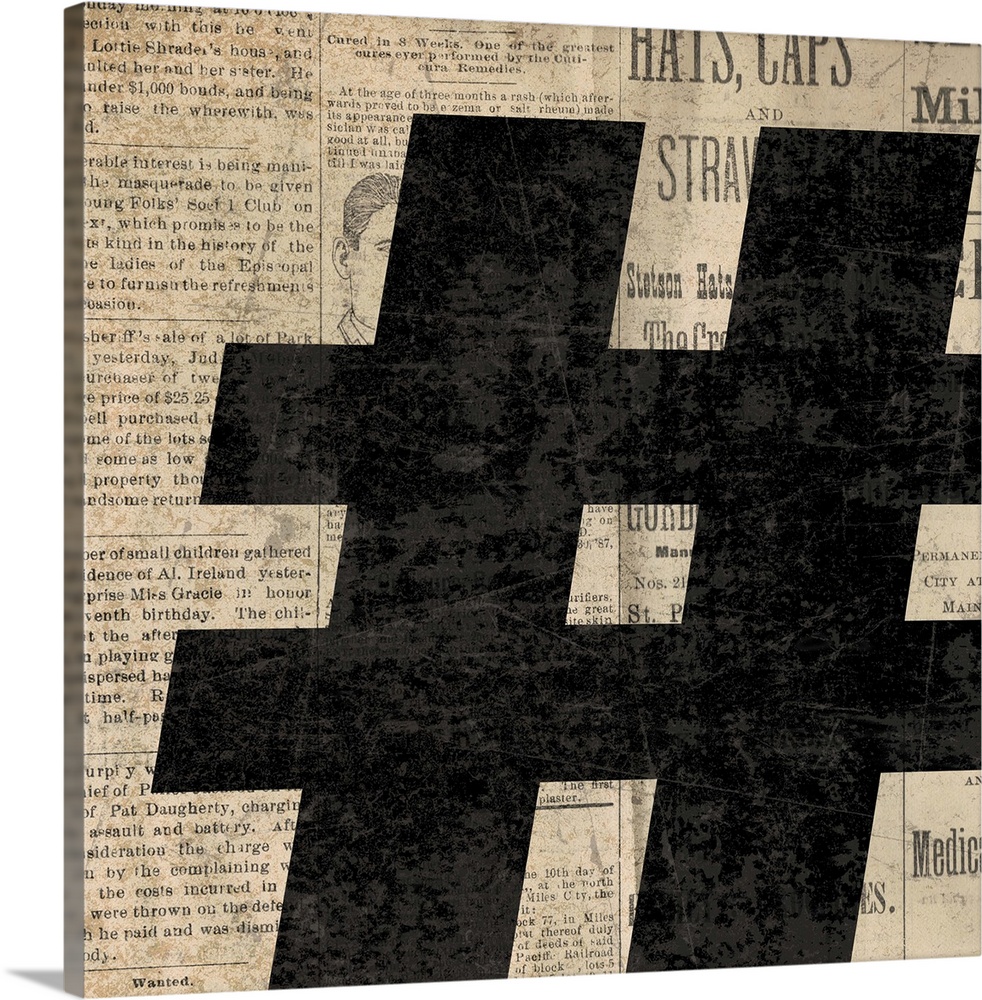 Square decor with a large black number sign on a newspaper background.