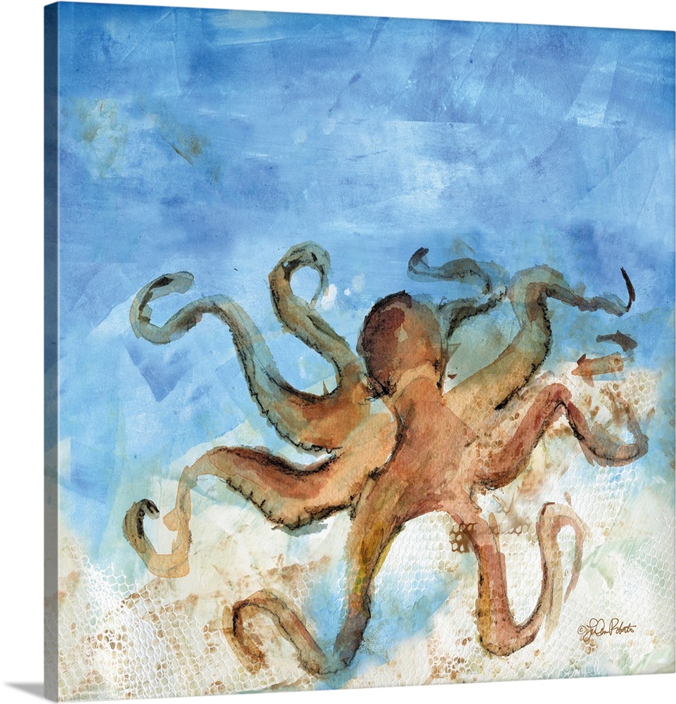 Square watercolor painting of a brown and tan octopus with a blue ocean background and a white and tan textured bottom.