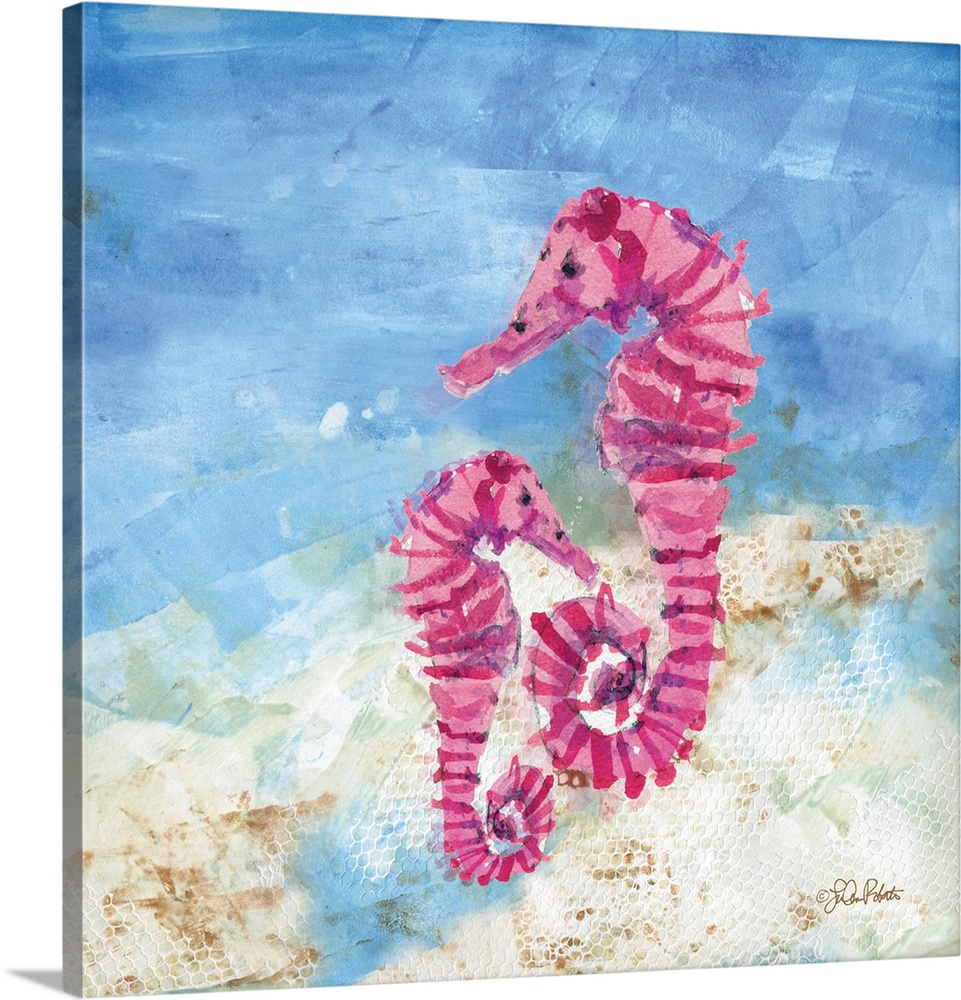 Square watercolor painting of two pink striped seahorses in the ocean.