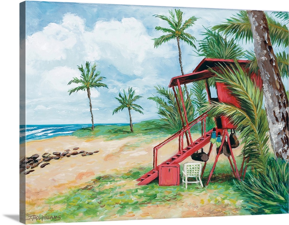 Contemporary painting of a little red shack on the beach surrounded by palm trees.
