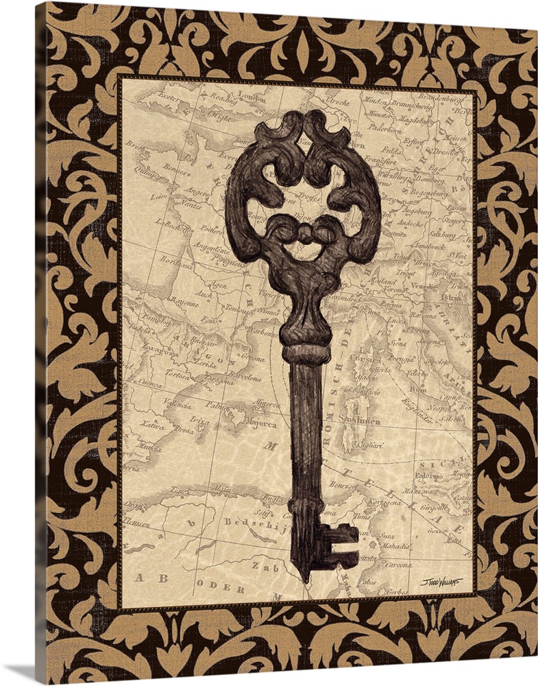 Decor with an illustration of an antique skeleton key with a map in the background.