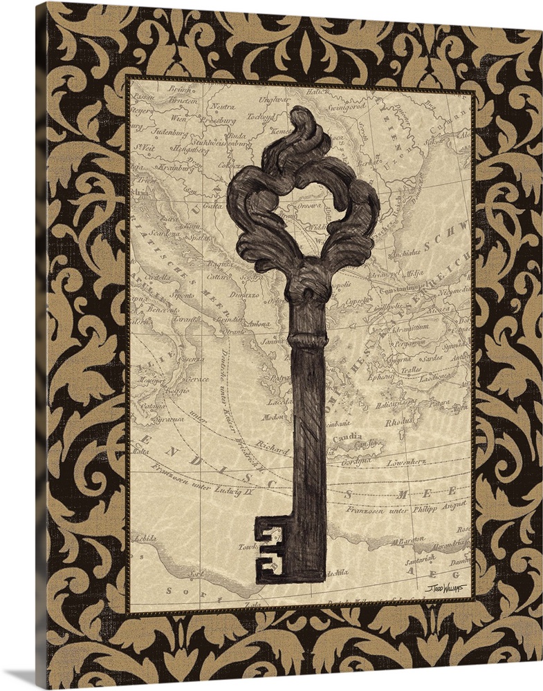Decor with an illustration of an antique skeleton key with a map in the background.
