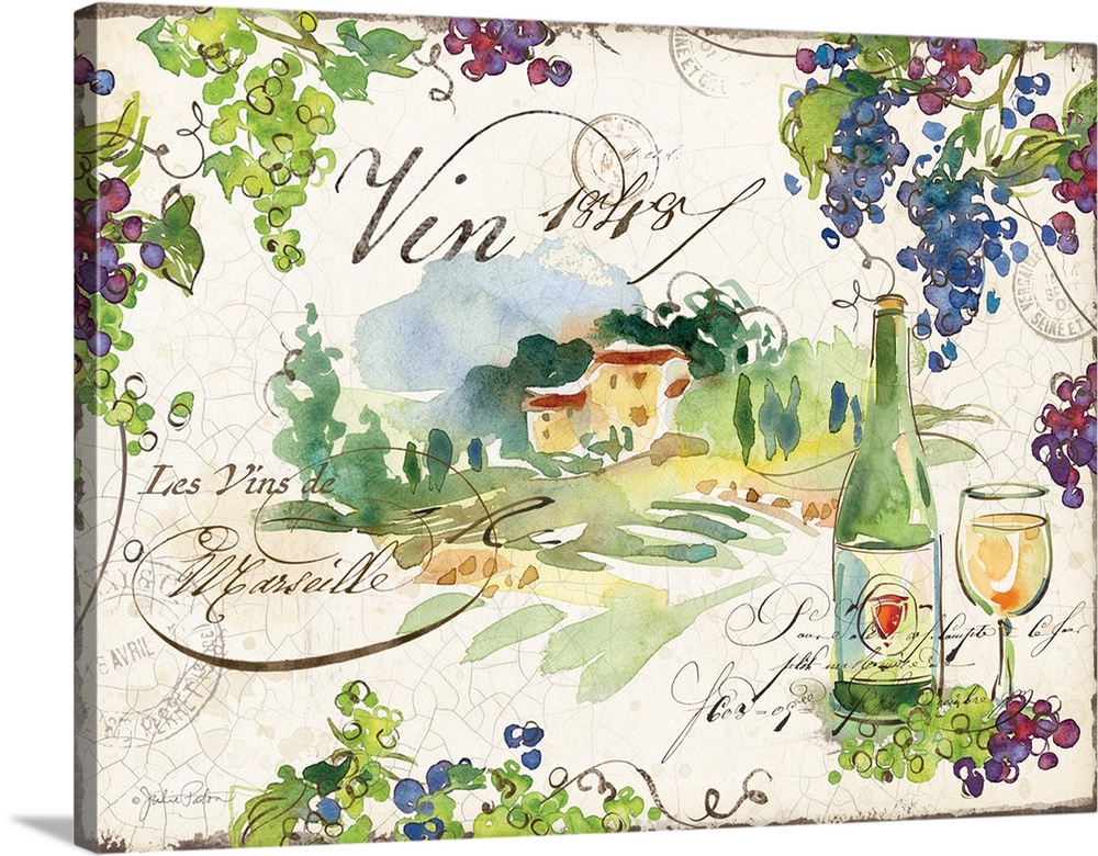 Painting of an Italian vineyard, purple and green grapes, a bottle of wine, and a glass of white wine on cream antique cra...