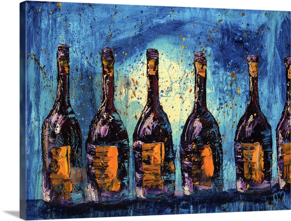 A row of six wine bottles with yellow labels on a blue background with a paint splatter overlay.