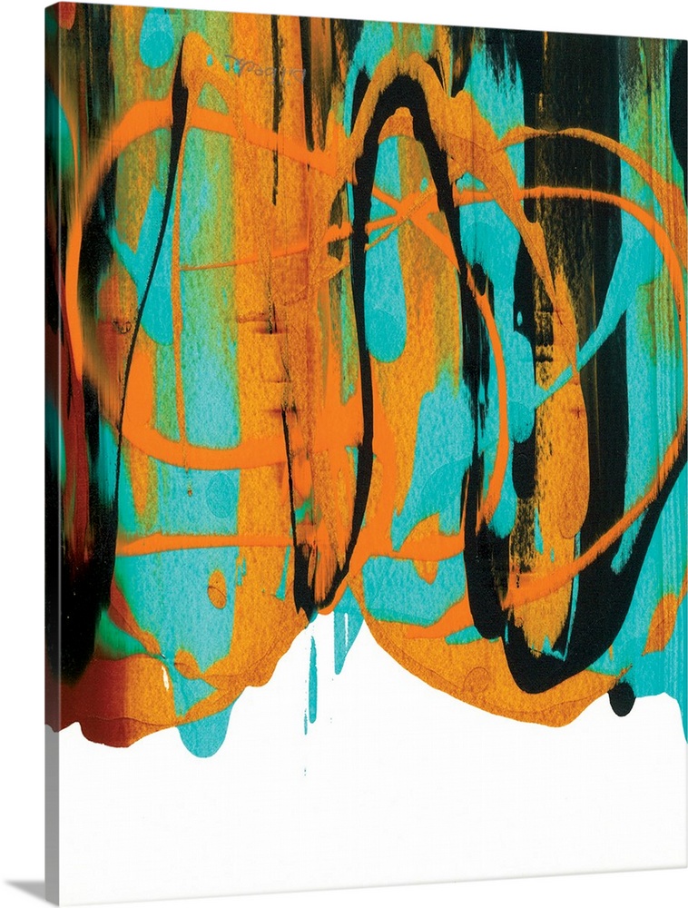 Abstract painting with orange, green, black, and blue hues falling from the top to the bottom.