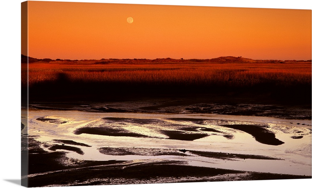 Landscape photograph with an orange sunset and a full moon in the sky.