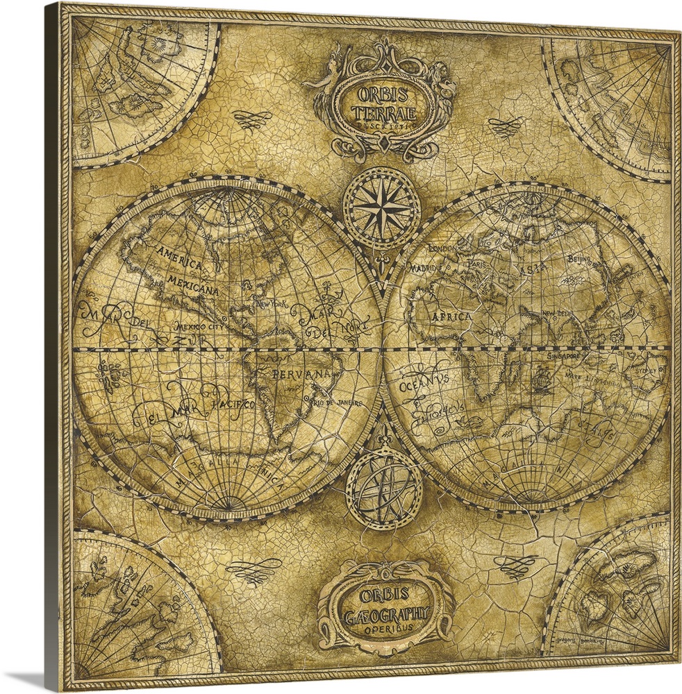 Decorative map of the world done in an antique style, featuring the east and west hemispheres of the globe on cracked, age...