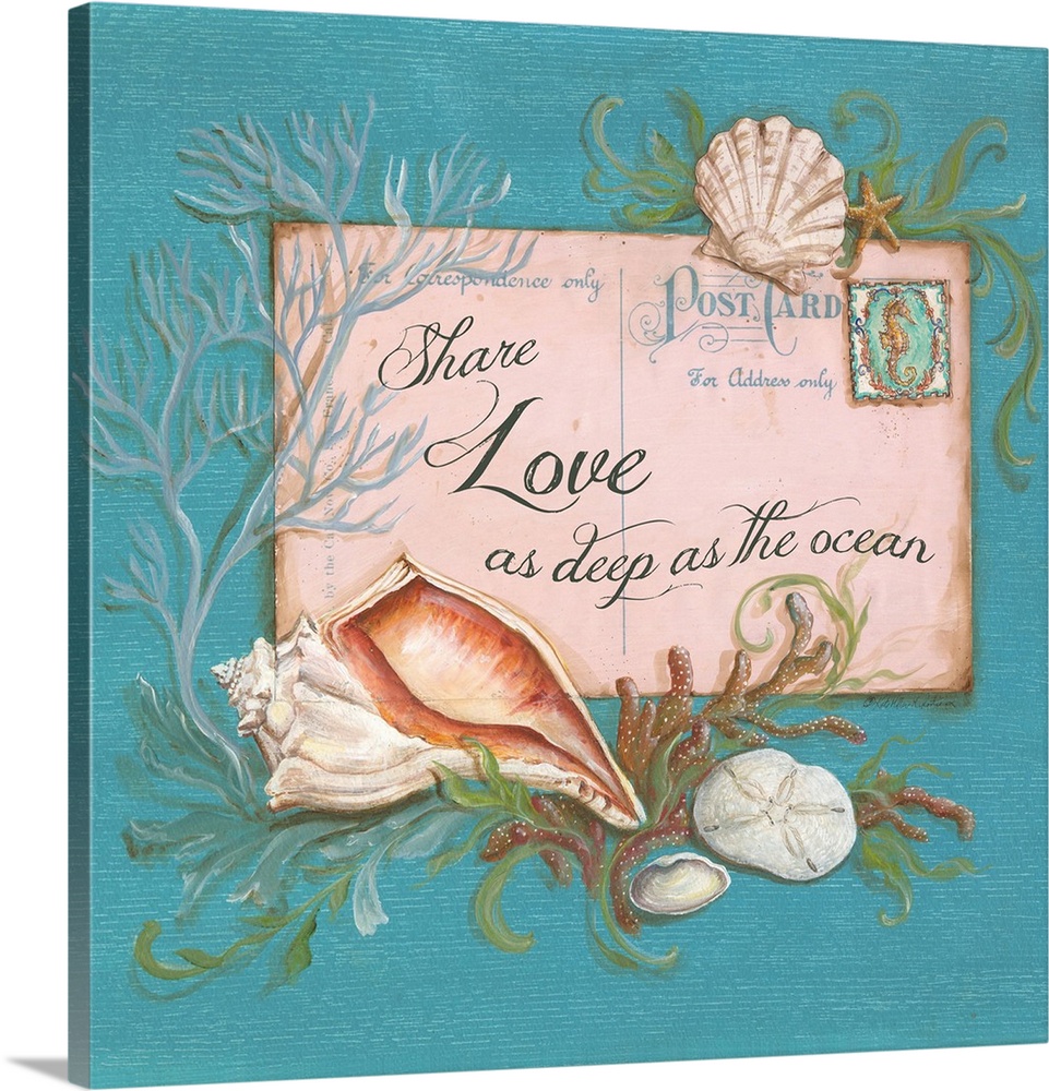 "Share Love as Deep as the Ocean" written on a postcard with painted seashells, coral, and seaweed surrounding it on an aq...
