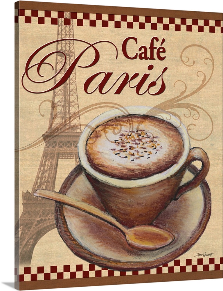 Paris themed decor with an illustration of a cup of coffee with the Eiffel Tower in the background and "Cafe Paris" writte...