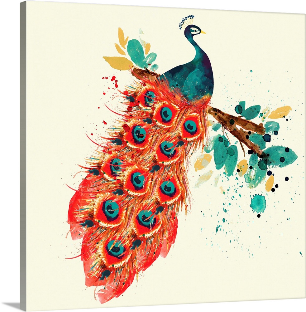 Contemporary artwork of a peacock on a branch with red tail feathers.