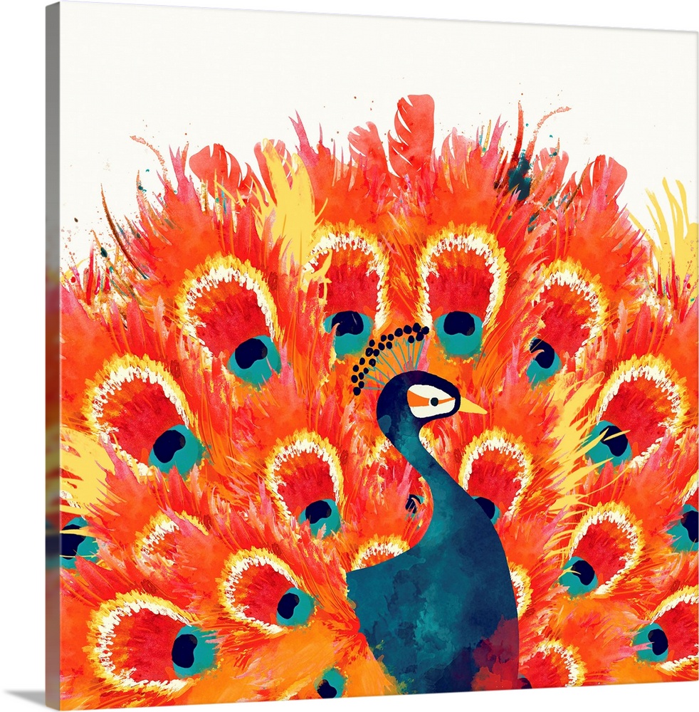 Contemporary artwork of a peacock with large red tail feathers.