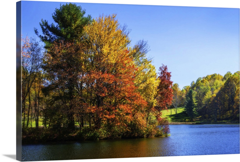 Trees turning fall colors at the edge of a lake.