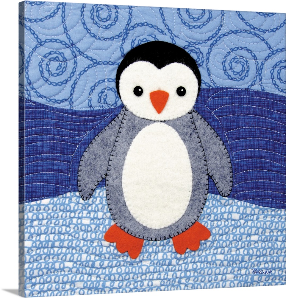 Square sewn art with a penguin on a blue patterned background.