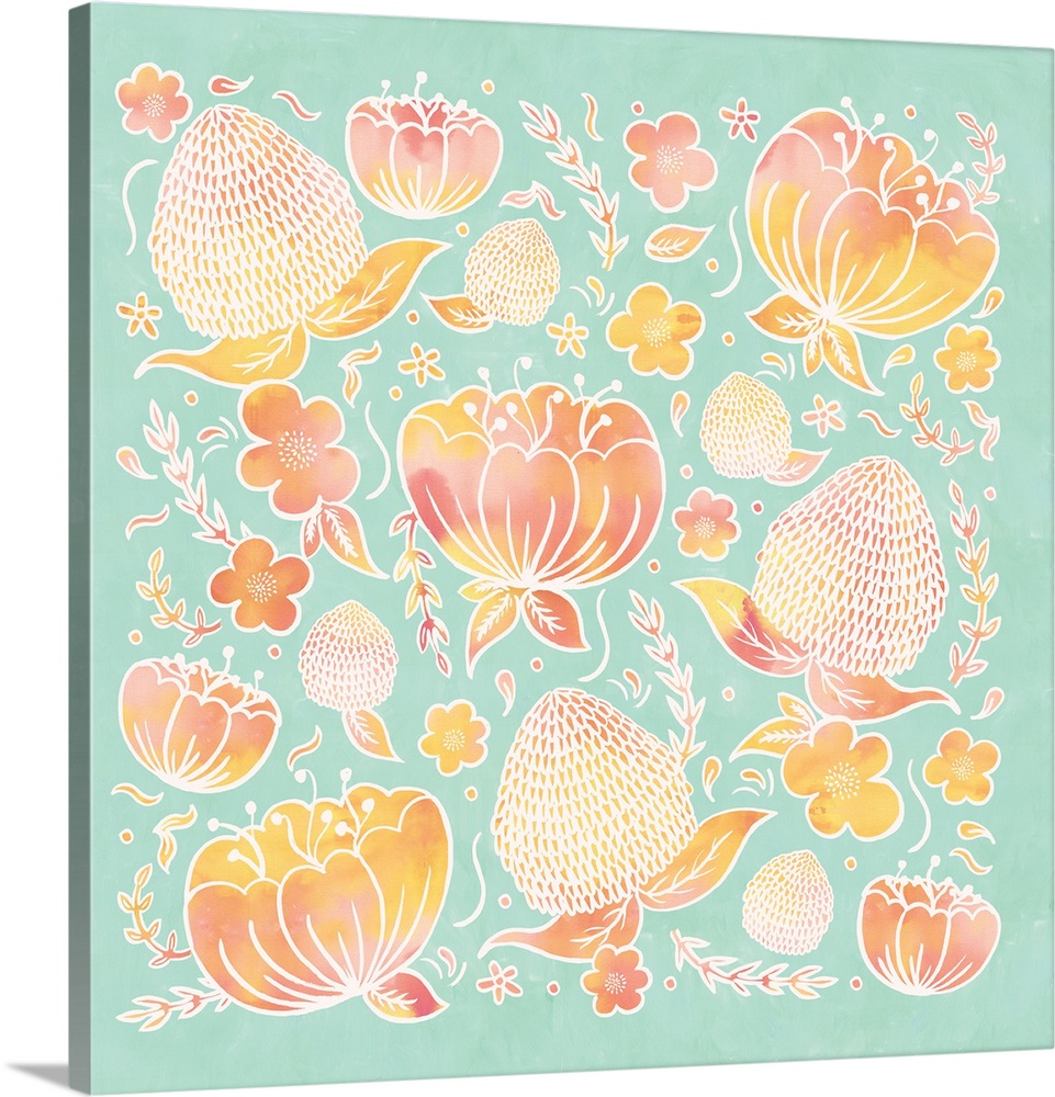 Artwork of pink and yellow flowers with white outlines on a teal background.