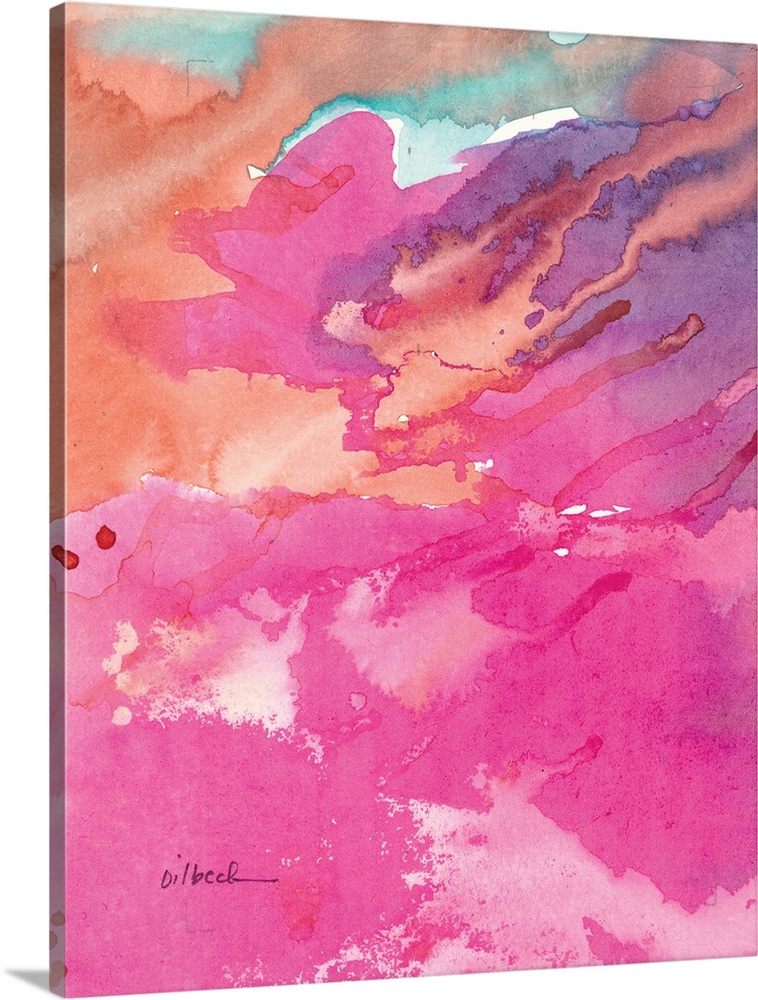 Abstract watercolor painting with layers of pink, purple, orange, and blue hues.