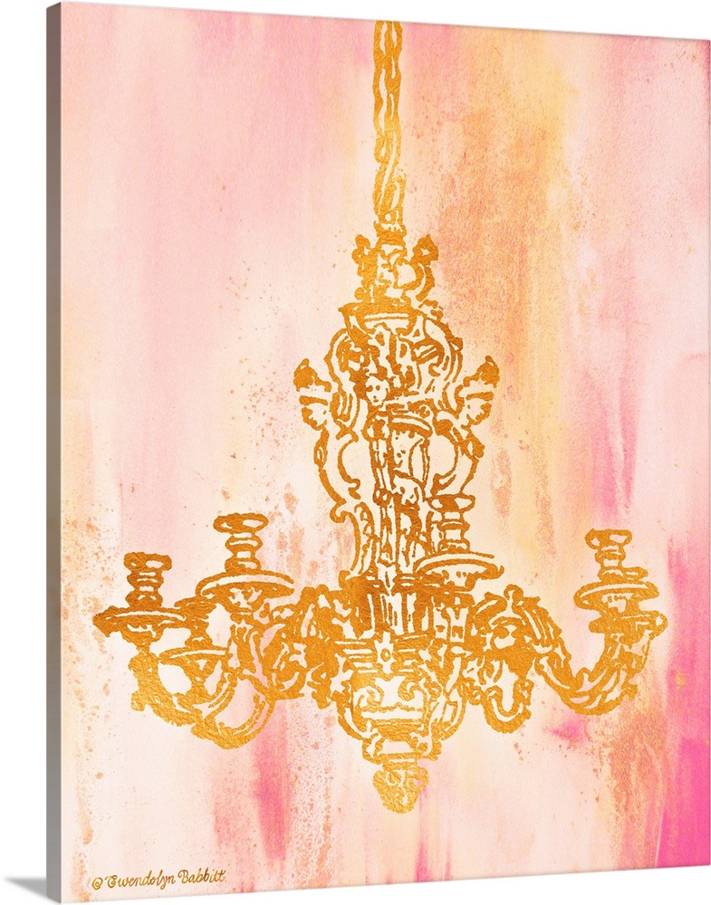 An illustration of a chandelier in gold over a pink background.