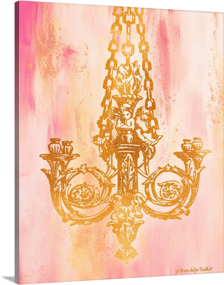 An illustration of a chandelier in gold over a pink background.
