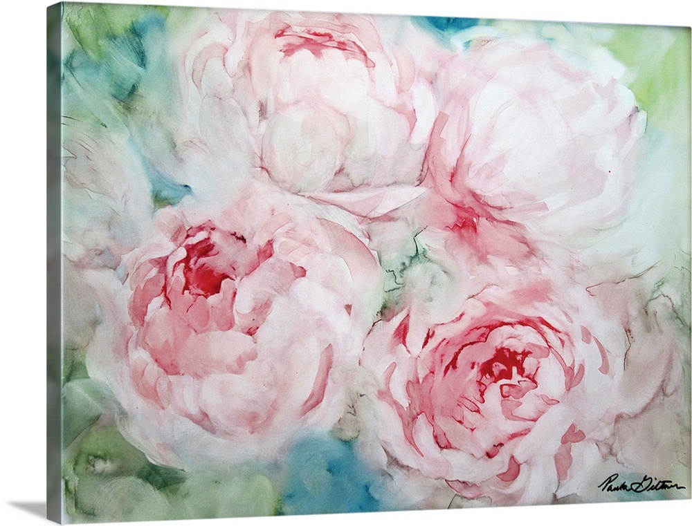 Contemporary painting of pink peonies on a green and blue background.