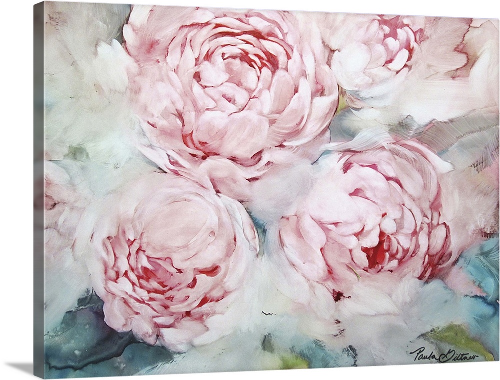 Contemporary painting of pink peonies with a green and blue background.