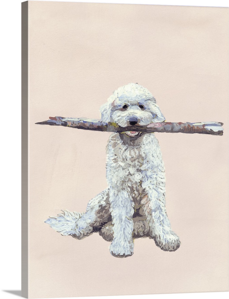 Contemporary painting of a white dog holding a large stick in its mouth.