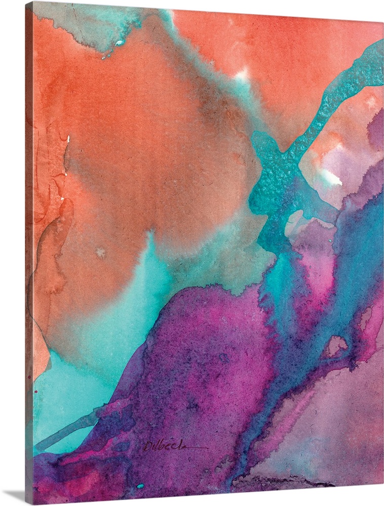 Abstract watercolor painting with layers of pink, purple, orange, and blue hues.