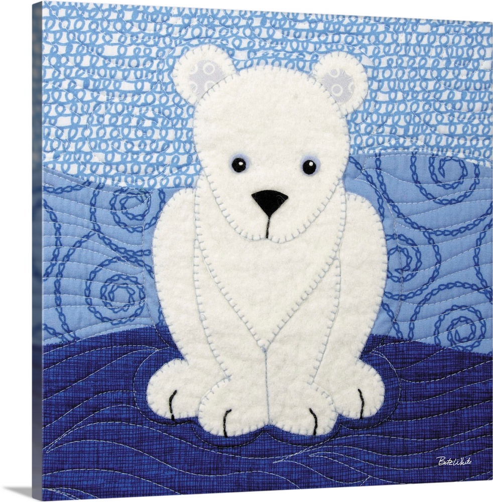 Square sewn art with a polar bear on a blue patterned background.