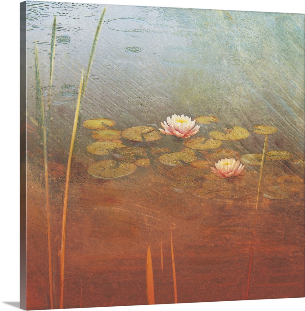 Large contemporary art shows a variety of high grass and lily pads sitting on calm water.  Artist incorporates an overlay ...