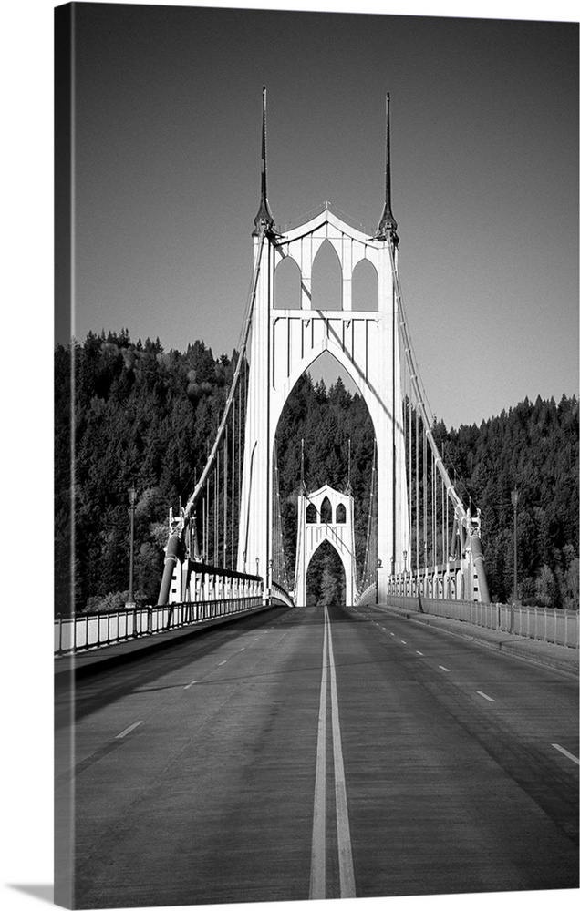 Black and white photograph of St. John's Bridge in Portland, Oregon.