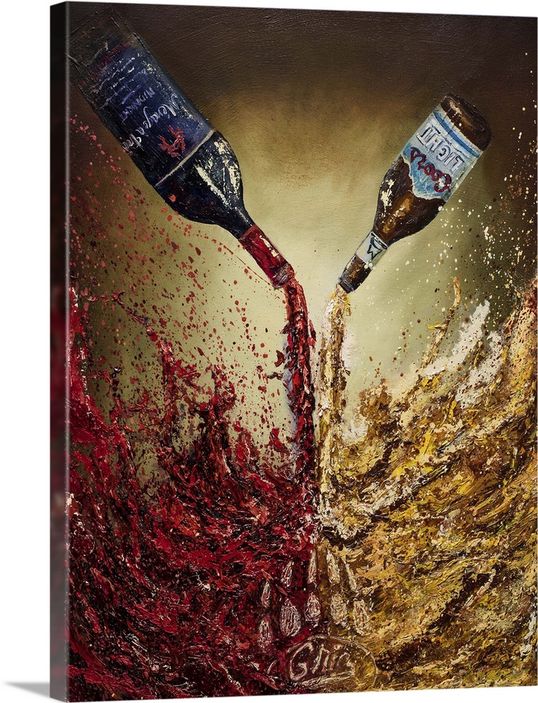 Painting of red wine and Coors Light beer being poured down and splashing up next to each other.