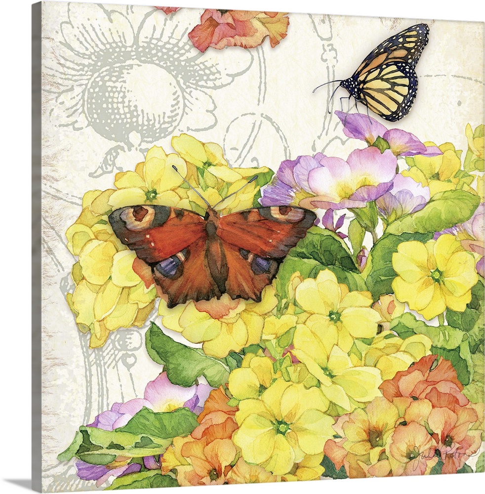 Square decor with watercolor painted yellow, purple, and orange primrose flowers and two butterflies on a neutral colored ...