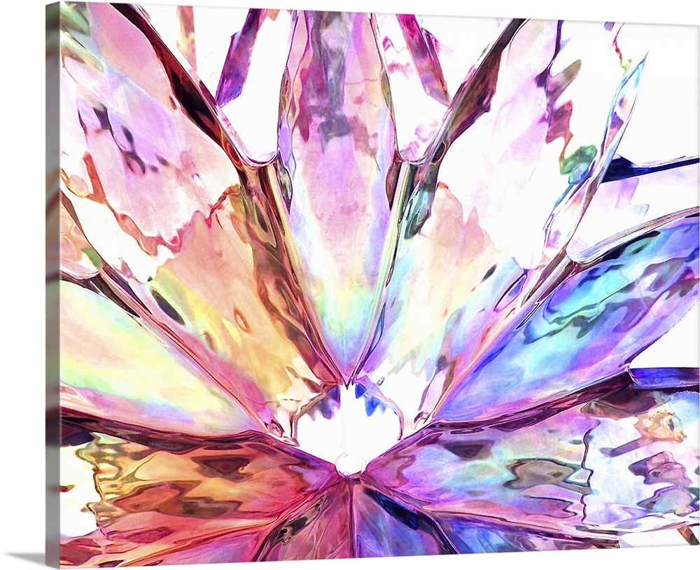 Colorful photograph of light shining through glass in the shape of flower petals.