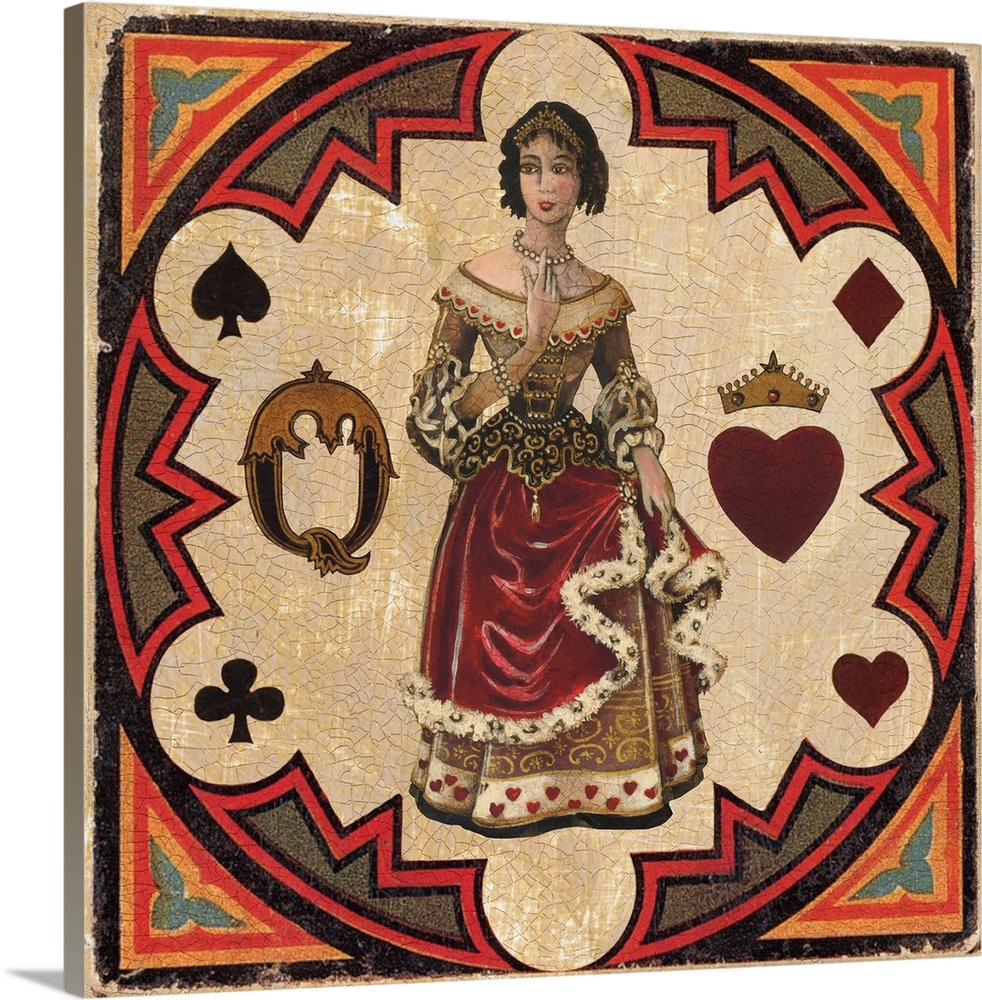 Square vintage illustration of a Queen inside a circular design with a heart, spade, clover, and diamond surrounding him.