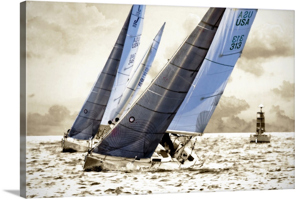 Artistic rendering photograph of two racing sailboats.