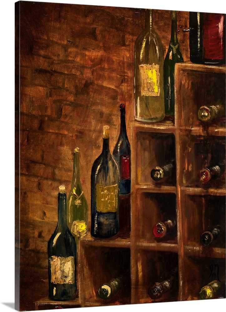 Contemporary painting of wine bottles on a wooden rack in a cellar.