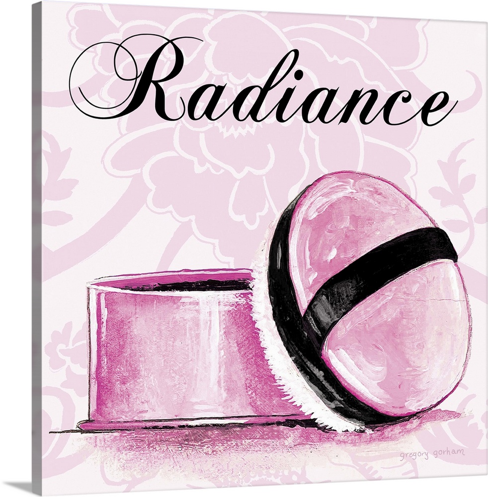 Decorative square art with a pink floral background and an illustration of a face powder container with the word "Radiance...
