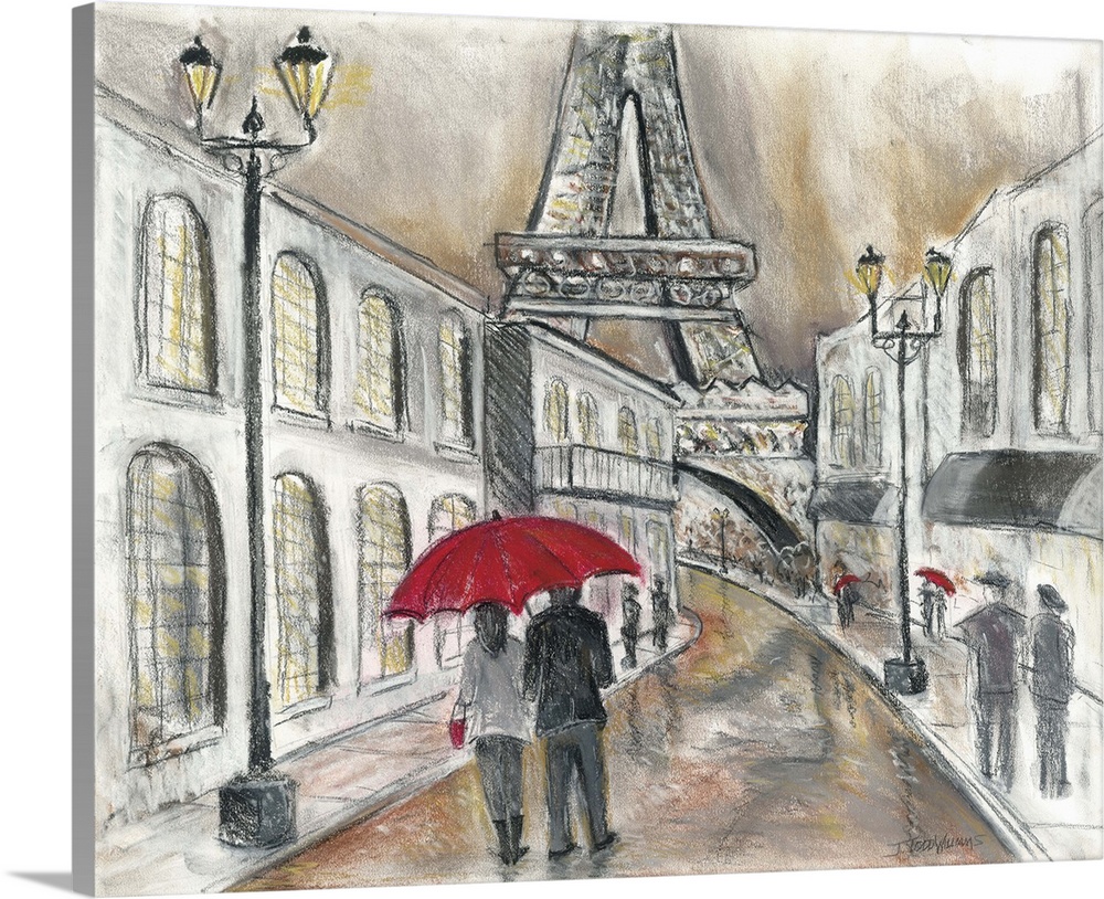 Charcoal sketch of a Paris cityscape  with the Eiffel Tower in the background and people walking in the rain with bright r...