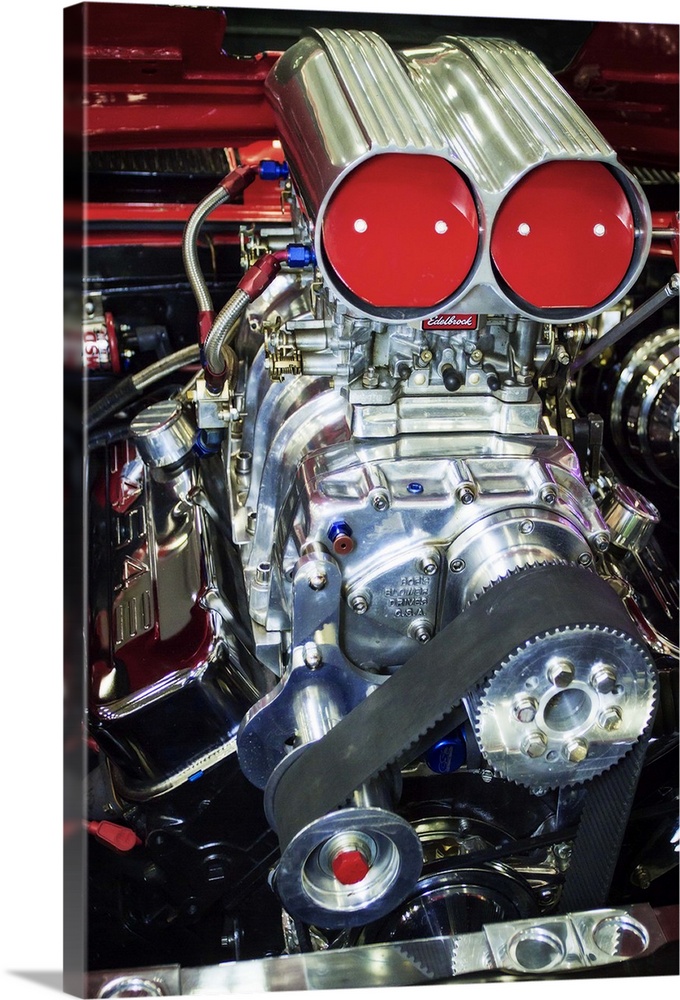 Fine art photograph of the engine and pipes of a vintage hot rod car.